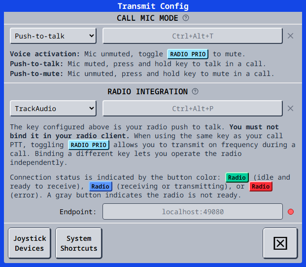vacs Transmit Config on Wayland, with desktop-managed keys and the System Shortcuts button